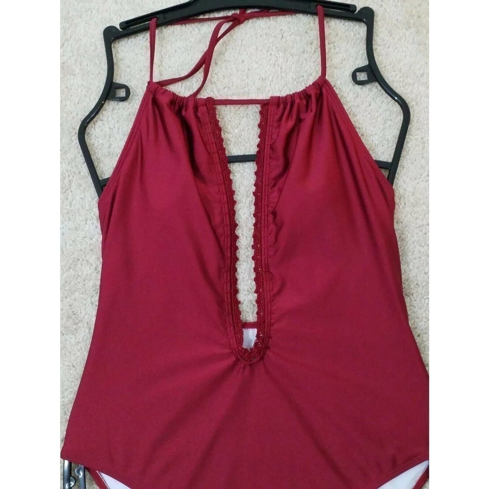 CUPSHE~Woman Size S~Maroon Wine Red One Piece Swimsuit Halter NWT. - Picture 3 of 11